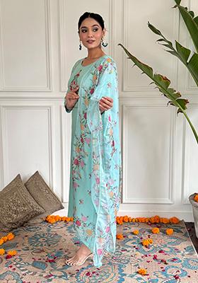 Sky Blue Embroidered Rayon Kurta Set