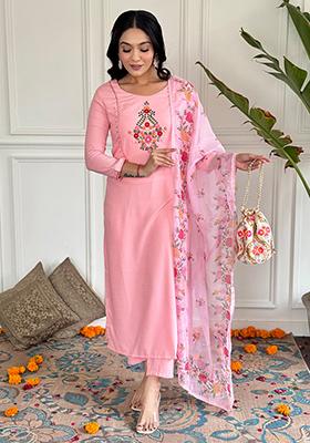 Peach Embroidered Rayon Kurta Set