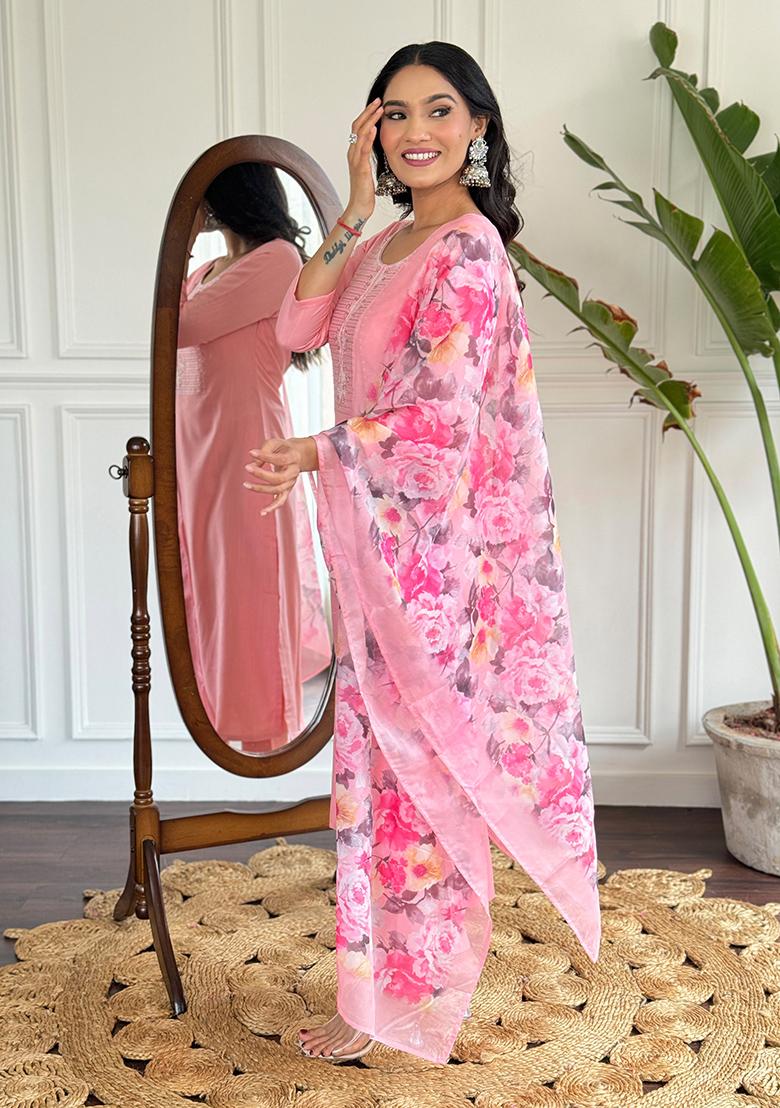 Pink Embroidered Rayon Kurta Set