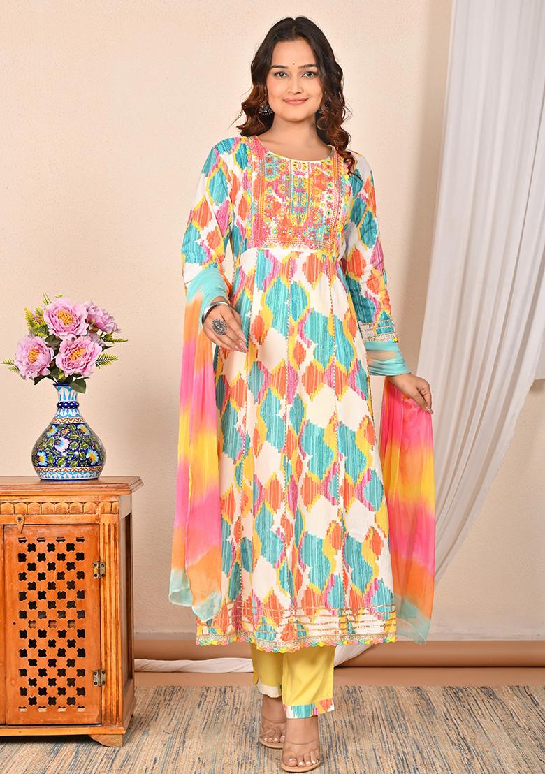 Multicolor Abstract Print Rayon Kurta Set