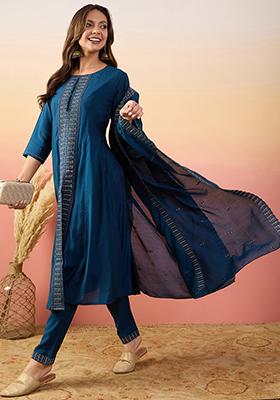 Blue Embroidered Silk Kurta Set