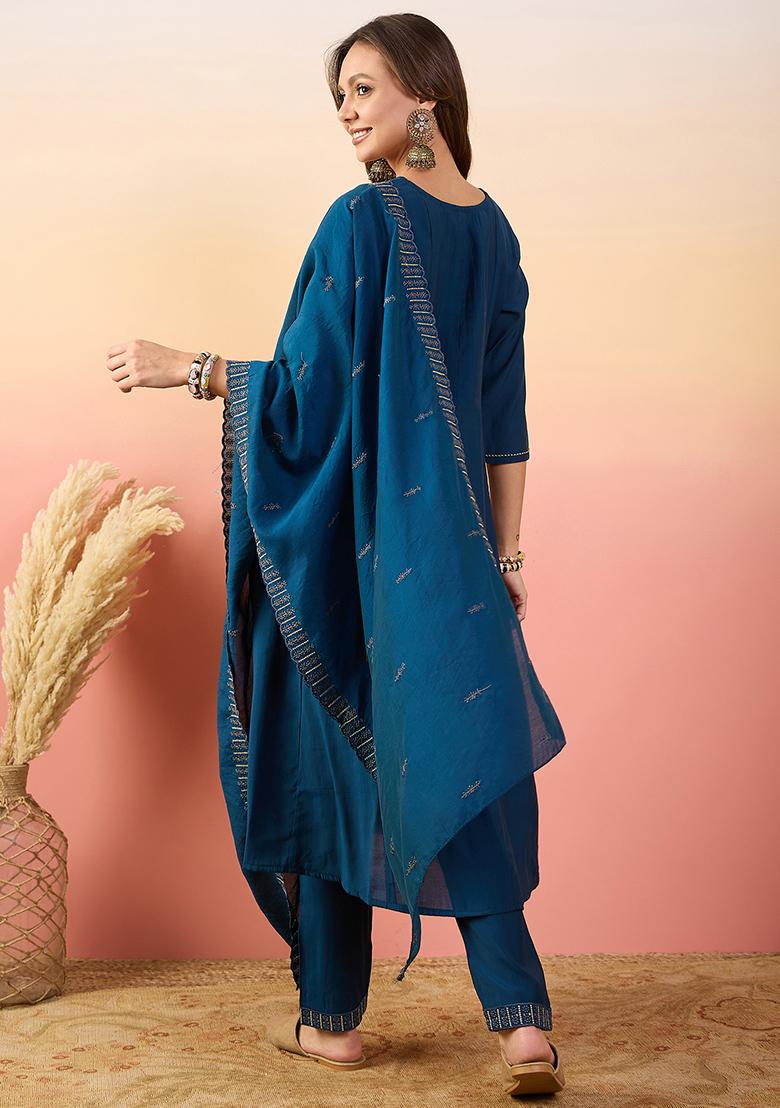 Blue Embroidered Silk Kurta Set