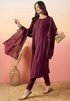 Maroon Embroidered Silk Kurta Set
