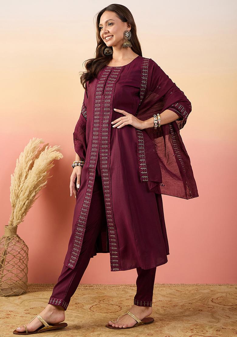 Maroon Embroidered Silk Kurta Set