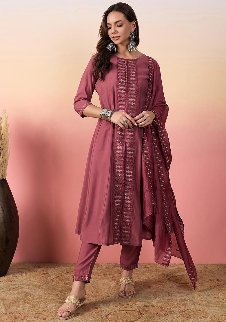 Pink Embroidered Silk Kurta Set