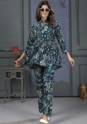 Teal Abstract Print Rayon Kurta Set