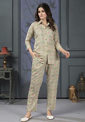 Green Abstract Print Rayon Kurta Set