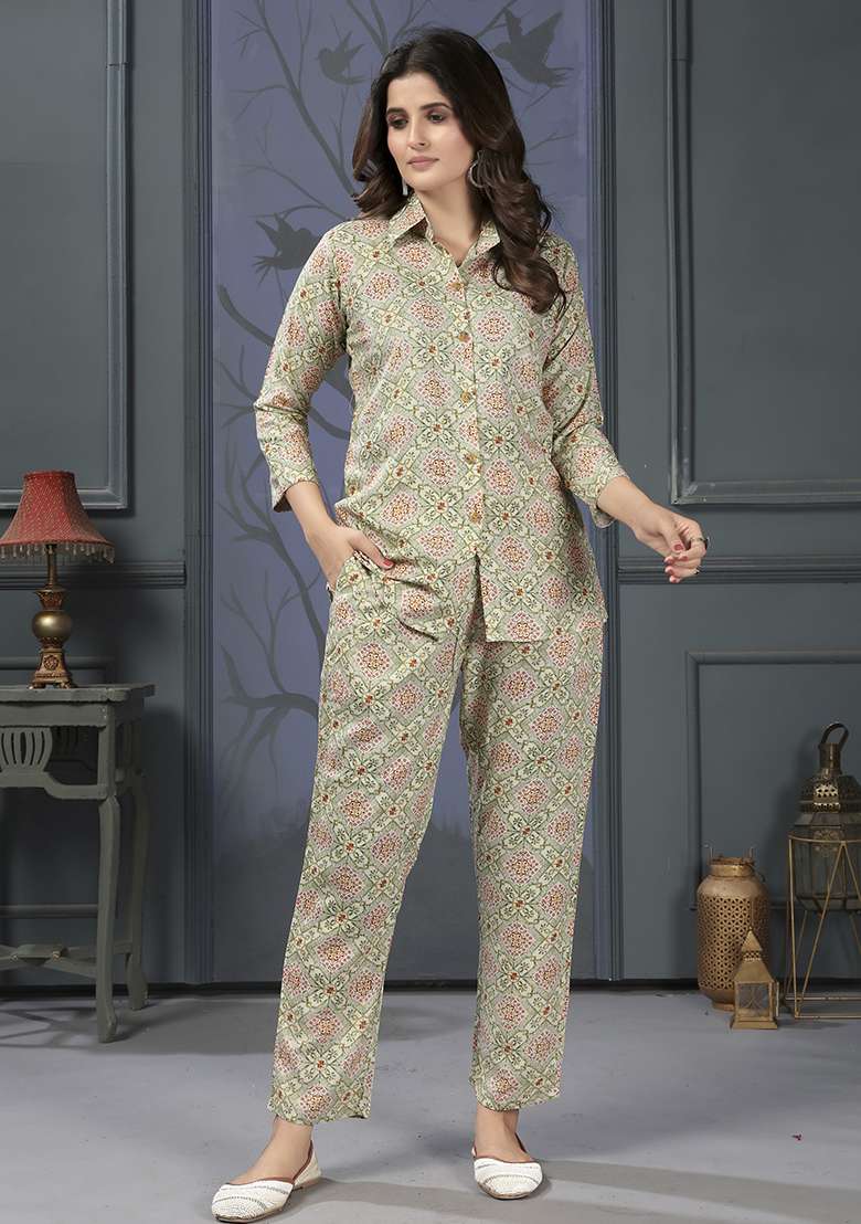 Green Floral Print Rayon Co Ord Set - Indya