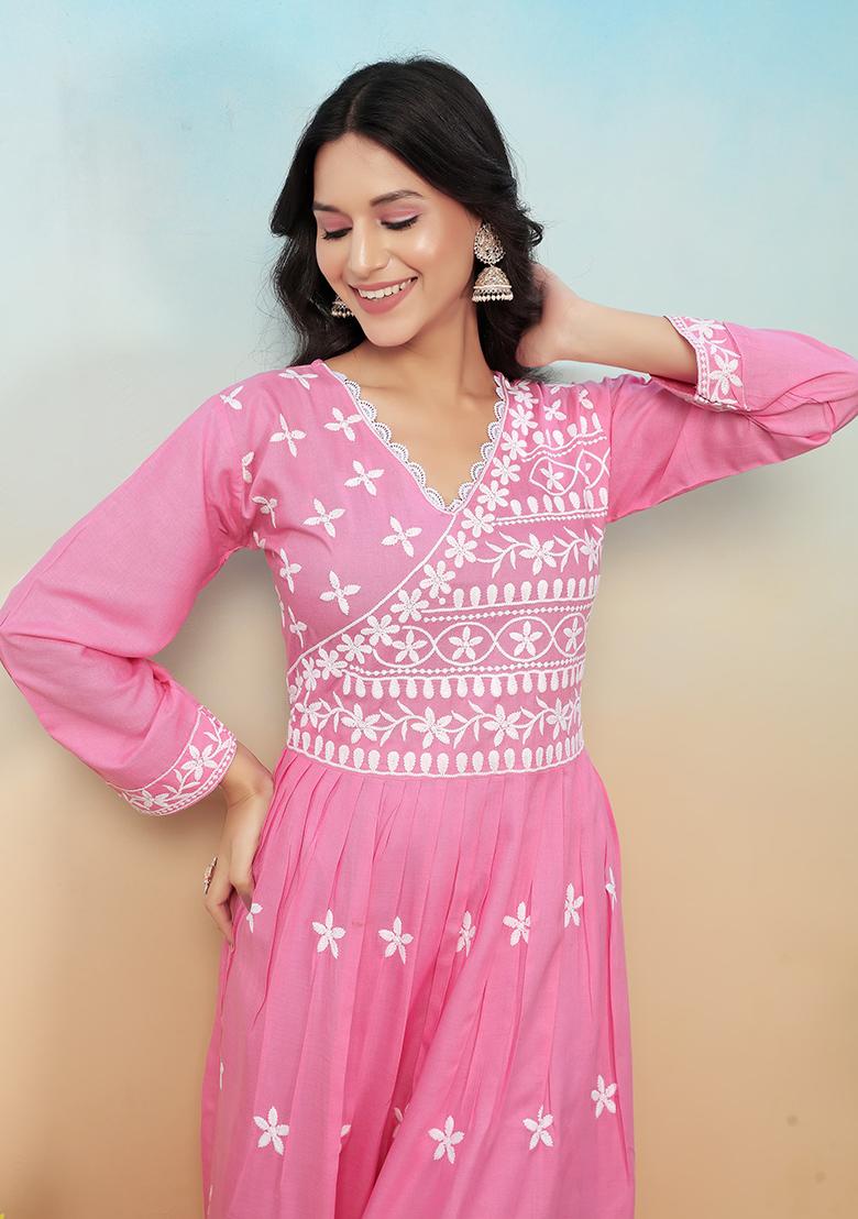Pink Embroidered Rayon Kurta Set
