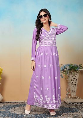 Purple Embroidered Rayon Kurta Set