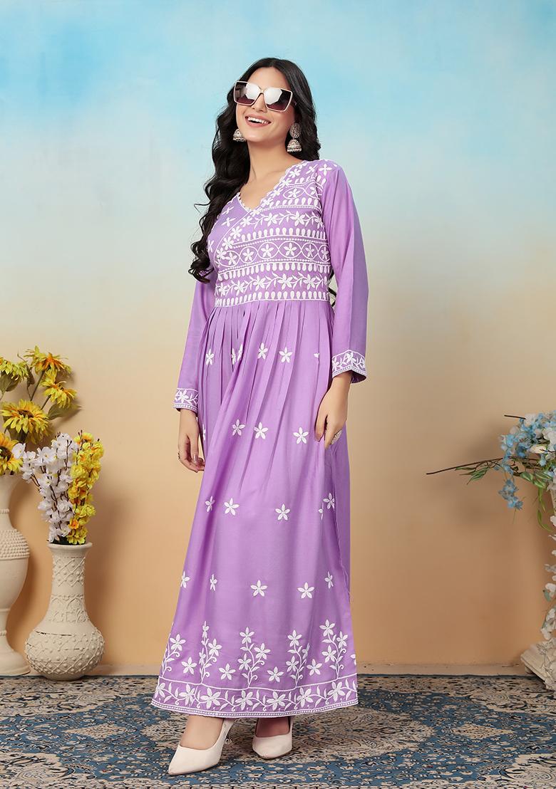 Purple Embroidered Rayon Kurta Set