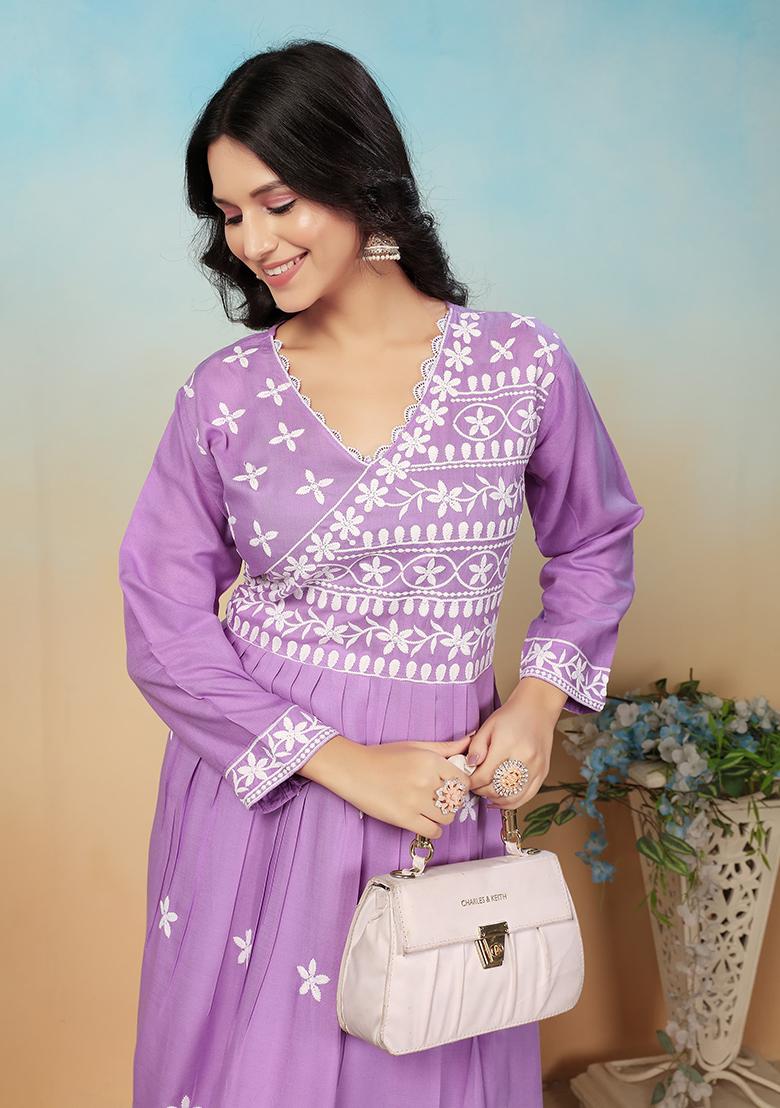 Purple Embroidered Rayon Kurta Set