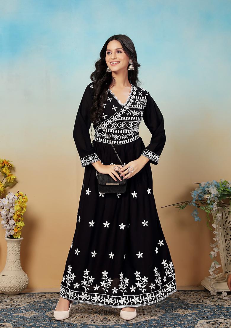 Black Embroidered Rayon Kurta Set