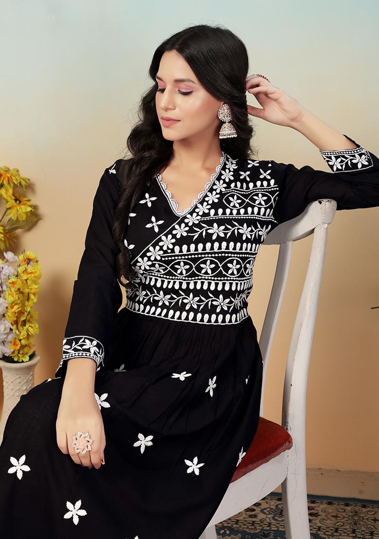 Black Embroidered Rayon Kurta Set