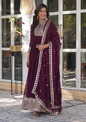 Wine Sequins Embroidered Georgette Anarkali Kurta Set