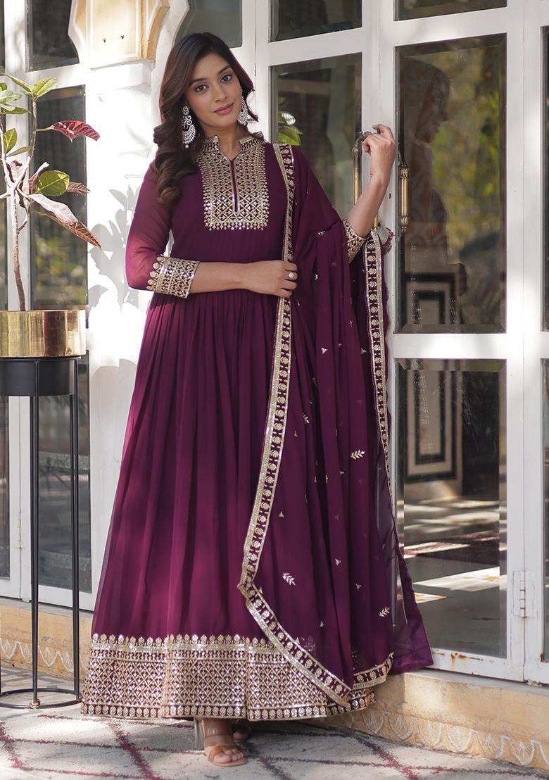 Wine Sequins Embroidered Georgette Anarkali Kurta Set