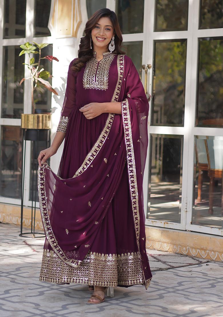 Wine Sequins Embroidered Georgette Anarkali Kurta Set