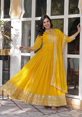 Yellow Sequins Embroidered Georgette Anarkali Kurta Set