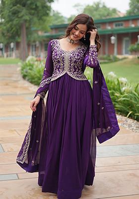 Purple Sequins Embroidered Georgette Anarkali Kurta Set