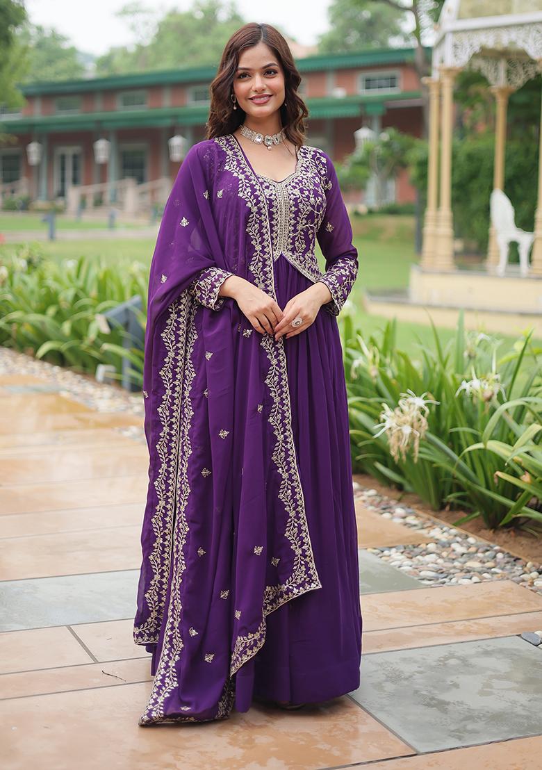 Purple Sequins Embroidered Georgette Anarkali Kurta Set