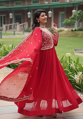 Red Sequins Embroidered Georgette Anarkali Kurta Set