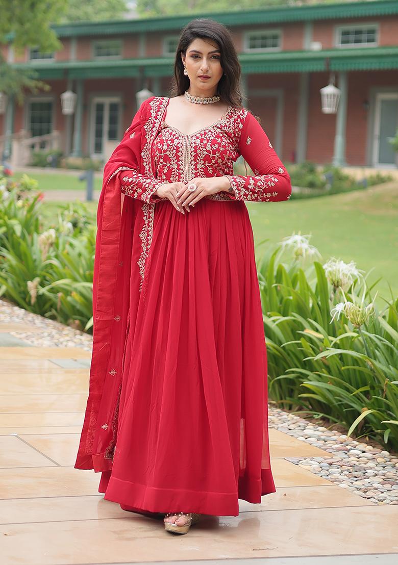 Red Sequins Embroidered Georgette Anarkali Kurta Set