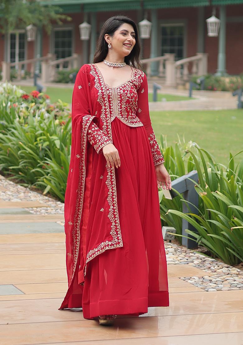 Red Sequins Embroidered Georgette Anarkali Kurta Set