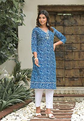 Blue Abstract Print Cotton Kurta Set
