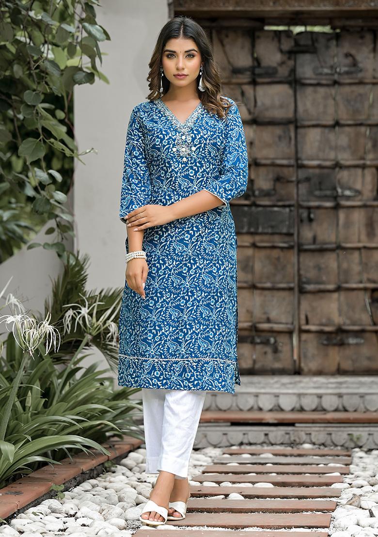 Blue Abstract Print Cotton Kurta Set