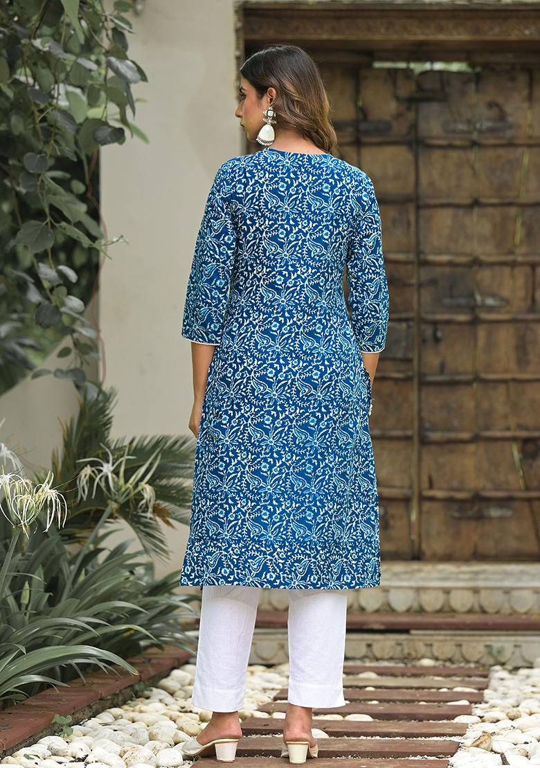Blue Abstract Print Cotton Kurta Set
