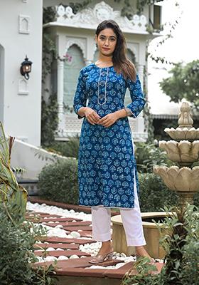 Blue Abstract Print Cotton Kurta Set