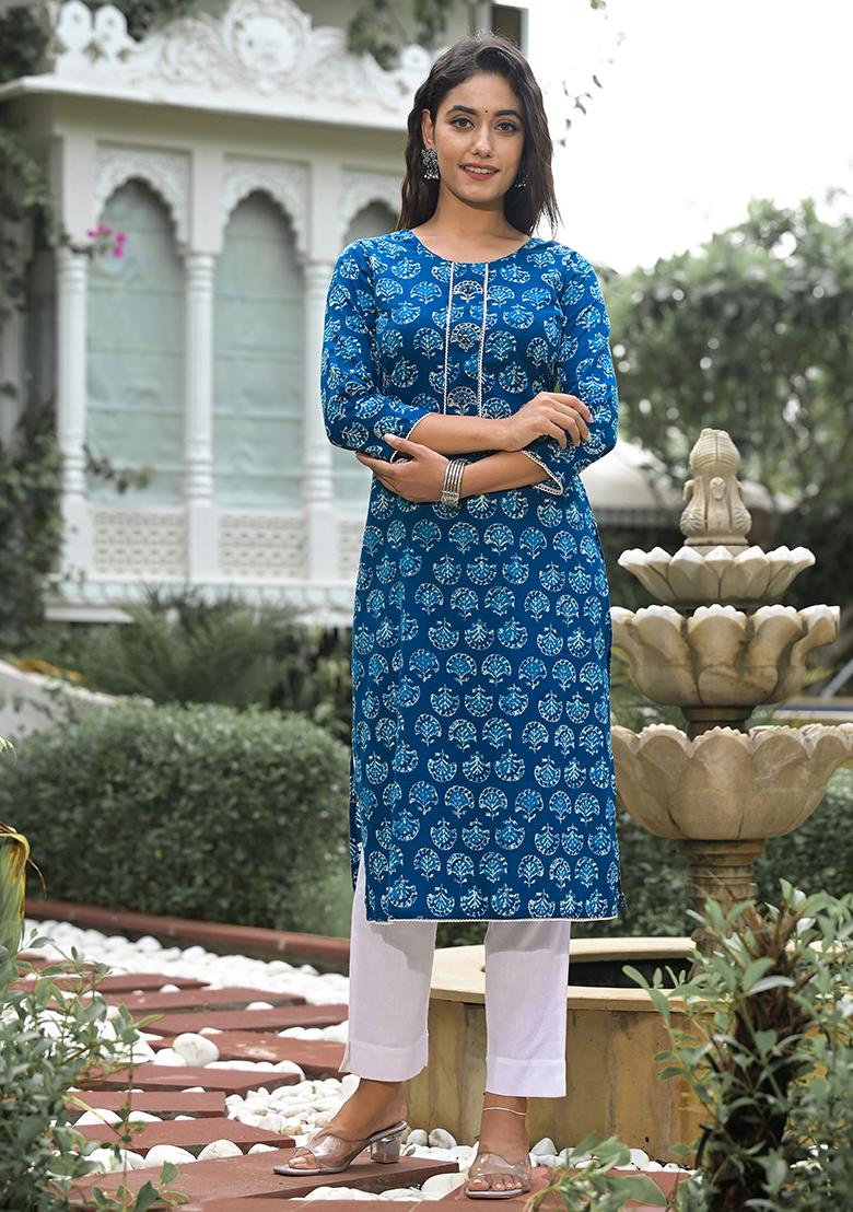 Blue Abstract Print Cotton Kurta Set