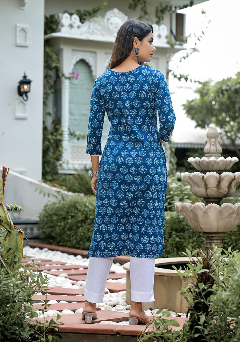 Blue Abstract Print Cotton Kurta Set