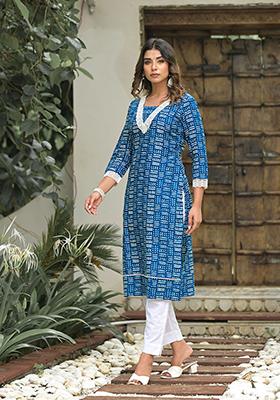 Blue Abstract Print Cotton Kurta Set