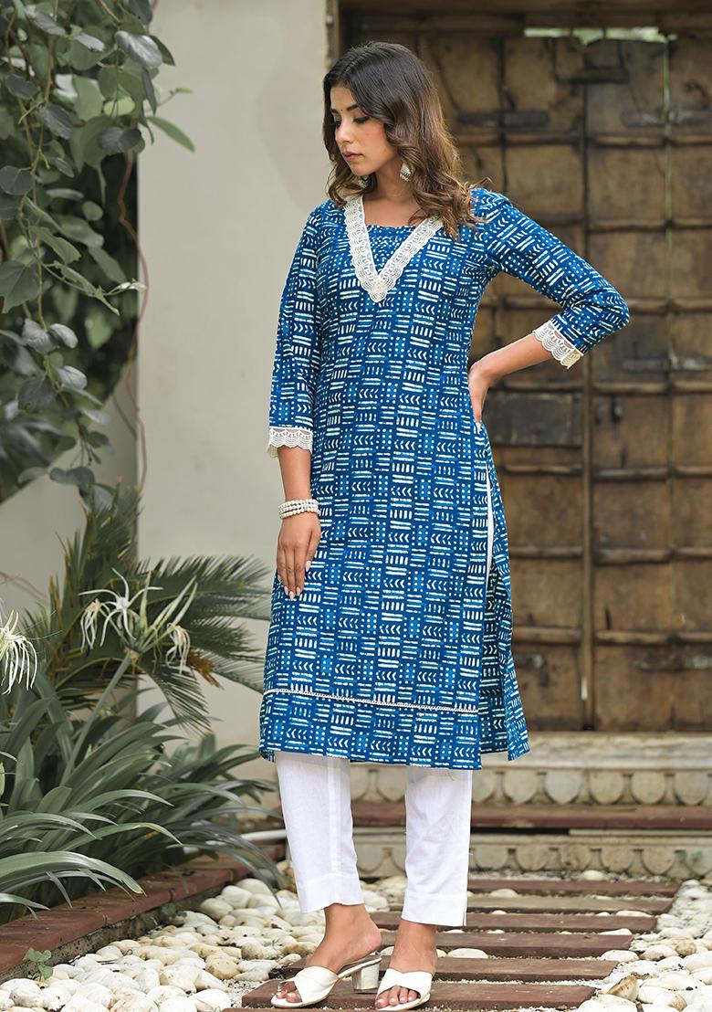 Blue Abstract Print Cotton Kurta Set