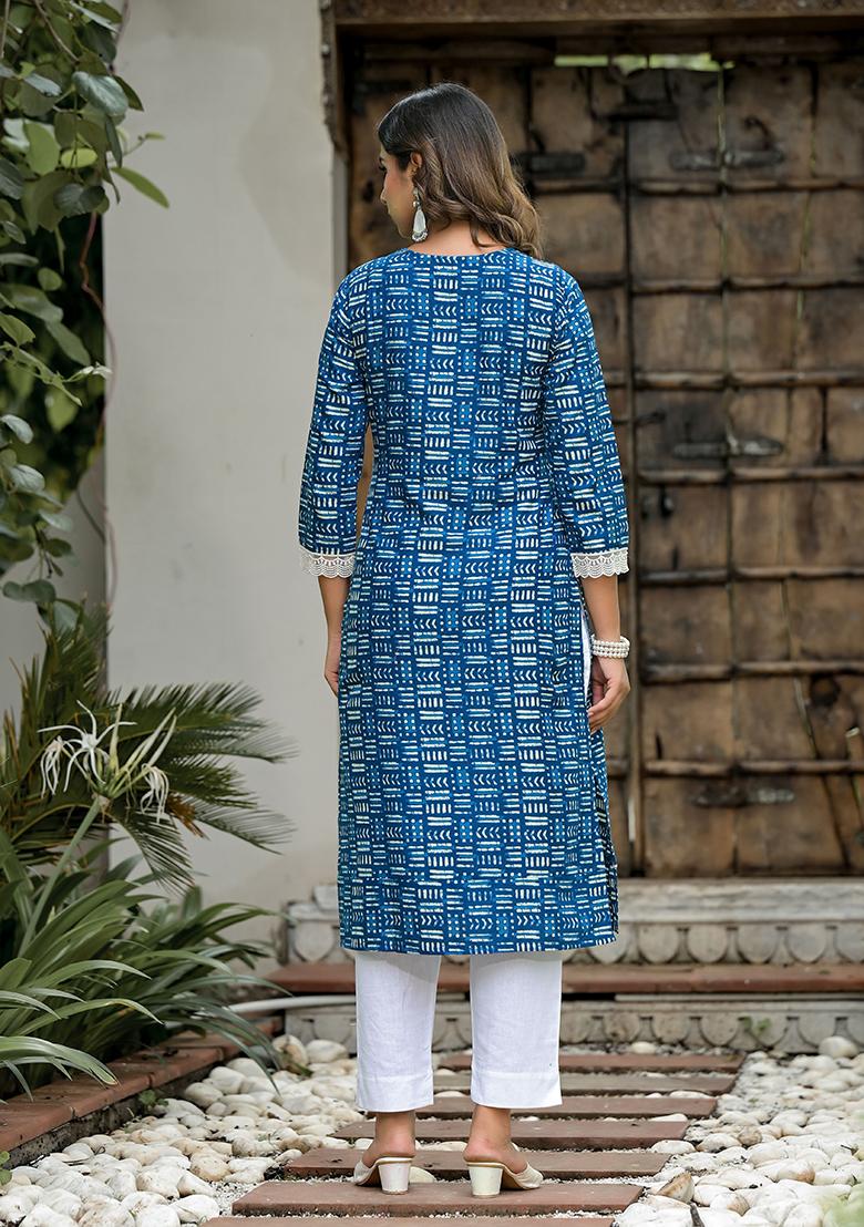 Blue Abstract Print Cotton Kurta Set