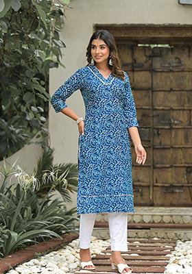 Blue Abstract Print Cotton Kurta Set