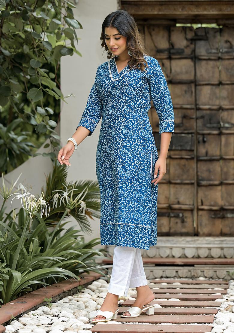 Blue Abstract Print Cotton Kurta Set
