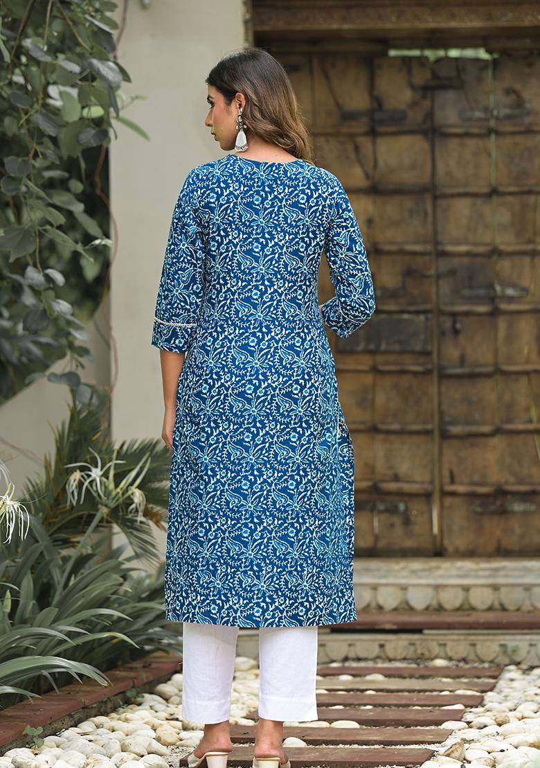 Blue Abstract Print Cotton Kurta Set