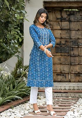 Blue Abstract Print Cotton Kurta Set