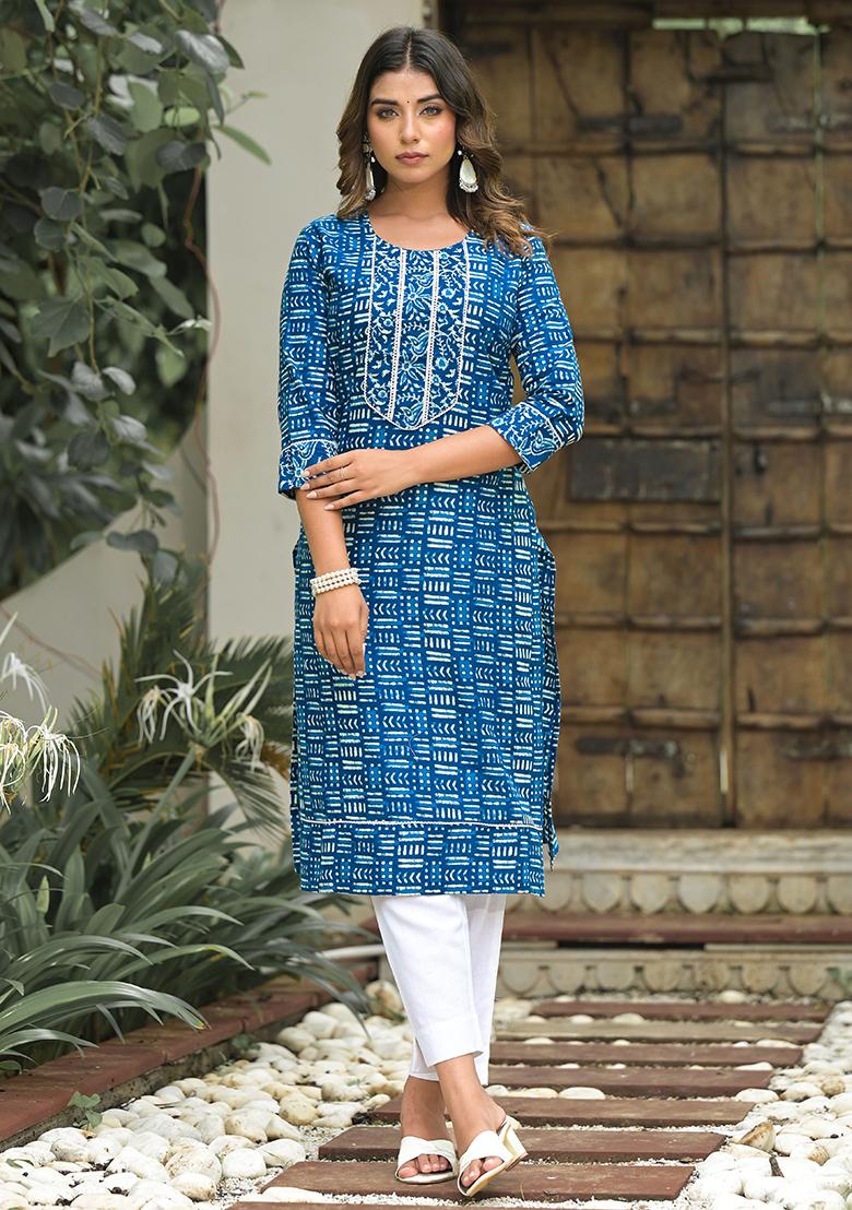 Blue Abstract Print Cotton Kurta Set