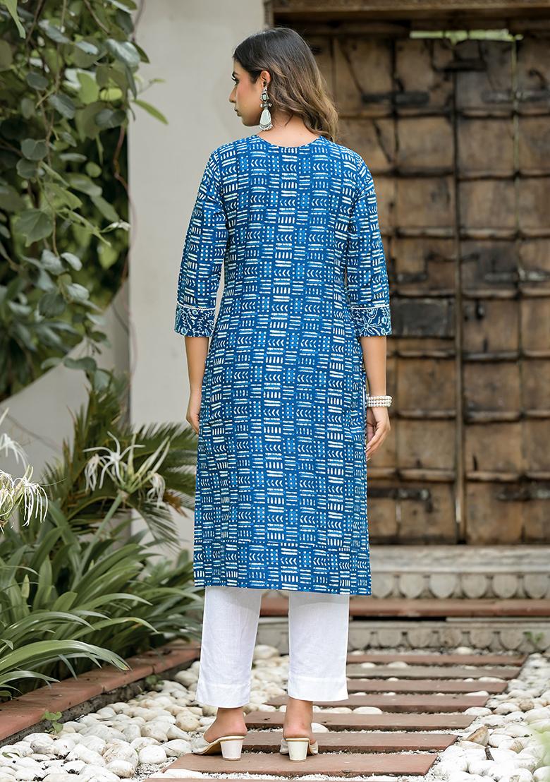 Blue Abstract Print Cotton Kurta Set