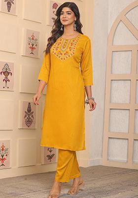 Yellow Abstract Print Rayon Kurta Set