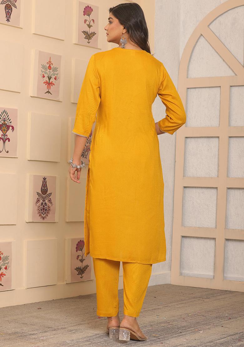 Yellow Abstract Print Rayon Kurta Set