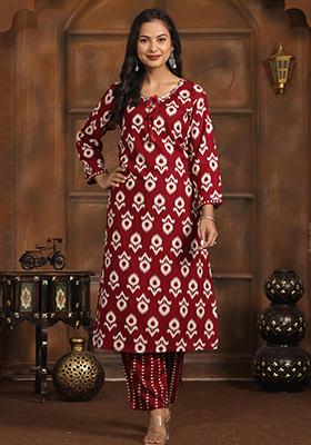 Maroon Abstract Print Rayon Kurta Set