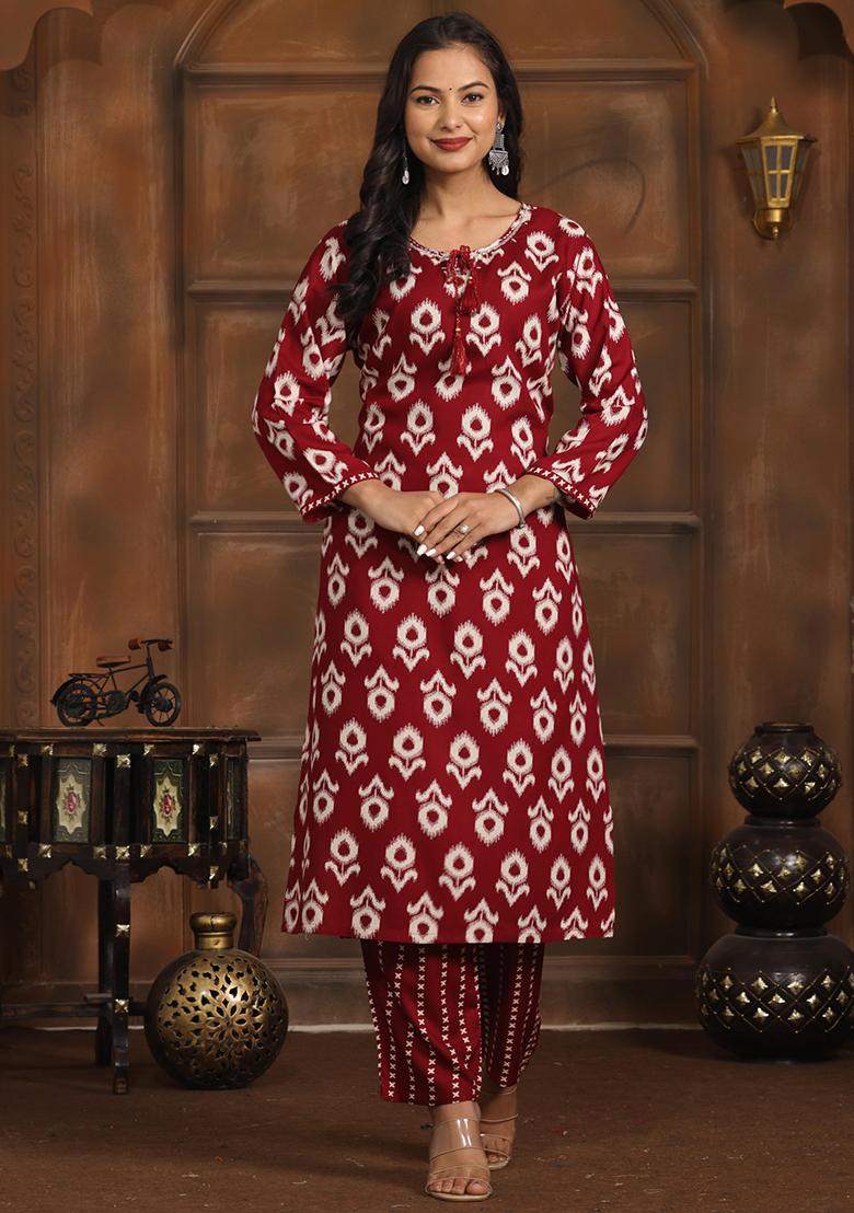 Maroon Abstract Print Rayon Kurta Set