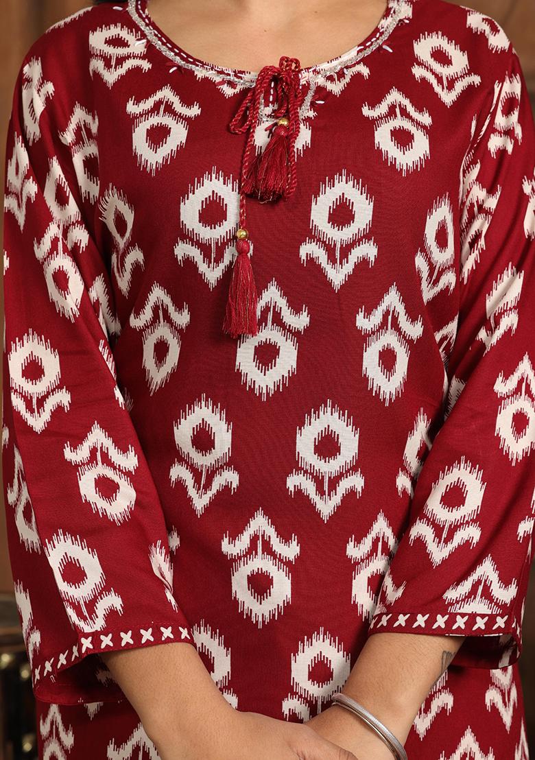 Maroon Abstract Print Rayon Kurta Set