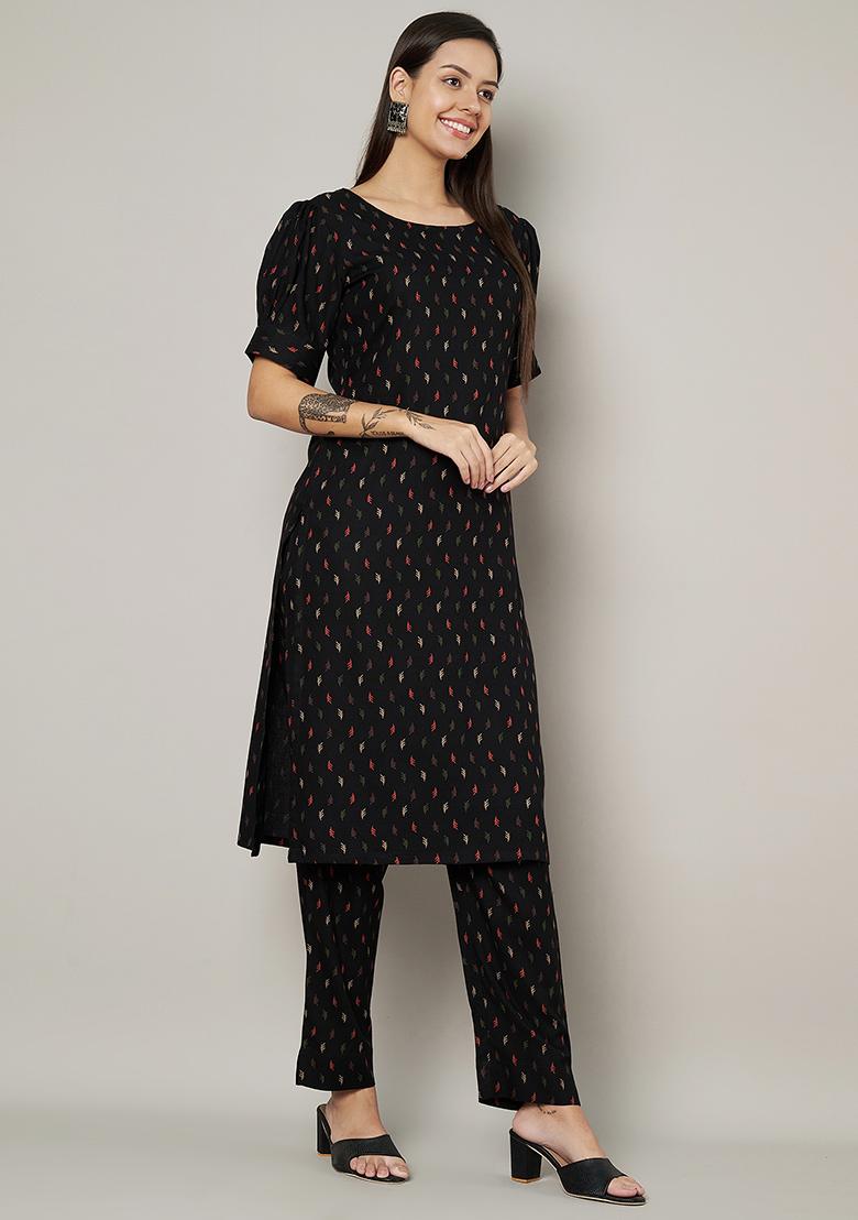 Black Abstract Print Rayon Kurta Set