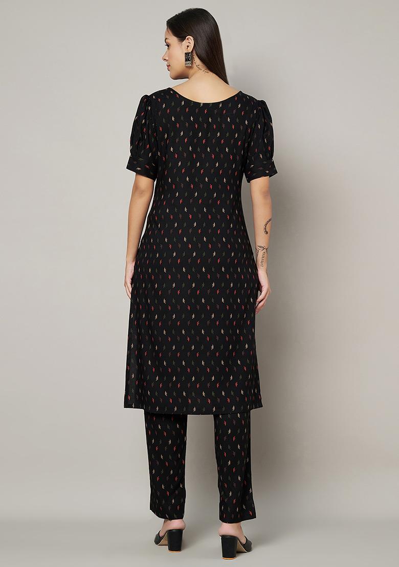 Black Abstract Print Rayon Kurta Set