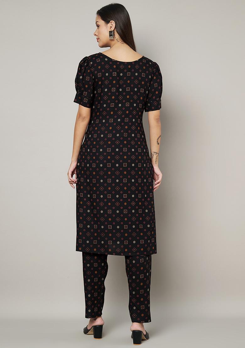 Black Abstract Print Rayon Kurta Set